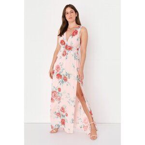 Lulus Garden Meandering Blush Pink Floral Print Lined Maxi Dress MEDIUM Evening